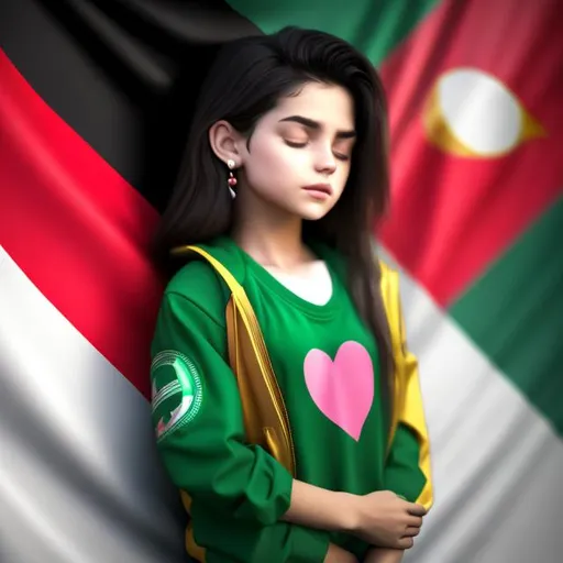 Prompt: A beautiful girl with pink jacket,green T-shirt under jacket,golden heart earrings,short black hair,closed eyes,sleeping on Iran flag