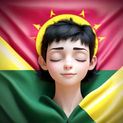 Prompt: Beautiful girl with short black hair, pink jacket, green t-shirt, golden heart earrings, closed eyes, sleeping on Iran flag, high-quality, detailed, realistic, sleeping beauty, Iranian flag, peaceful, soft lighting, casual style, flag background