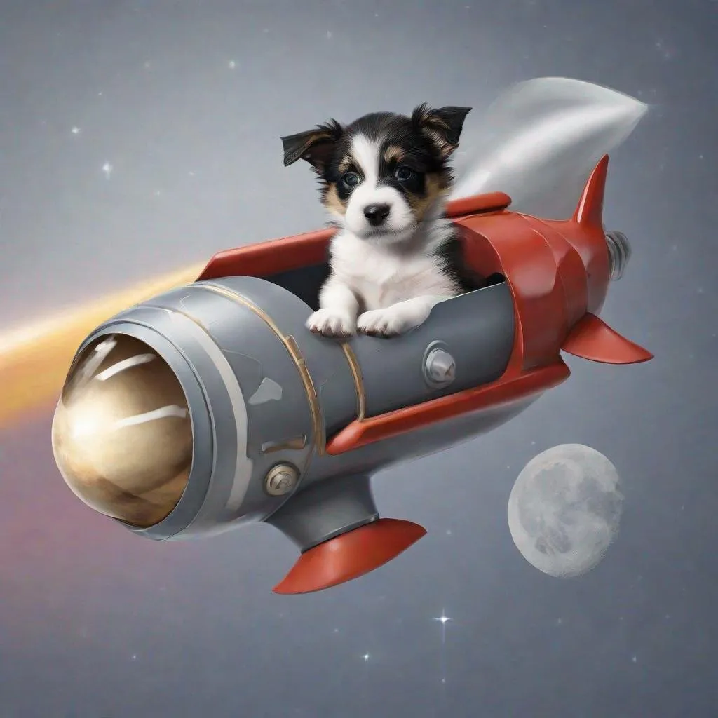 Prompt: A pup sitting on a moonrocket
