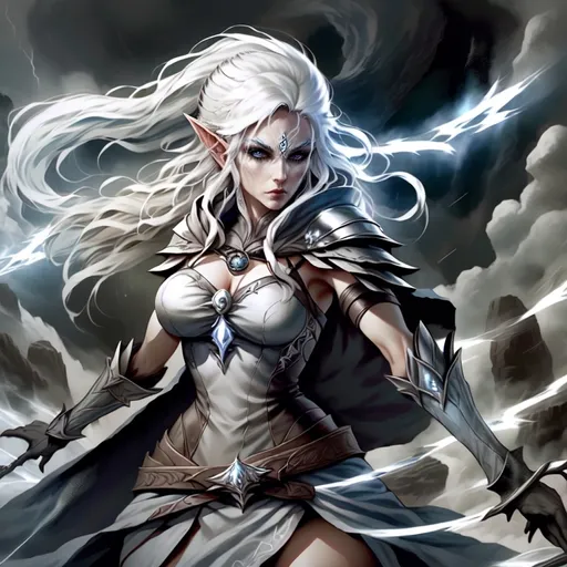 Prompt: (moon elf woman), (storm cleric), (character portrait), long hooded cape, white hair cascading down, grey skin, striking silver eyes, adorned with intricate gauntlets, ethereal ambiance, lightning in the background, fantasy DnD theme, captivating expression, immersive and enchanting, HD, ultra-detailed.