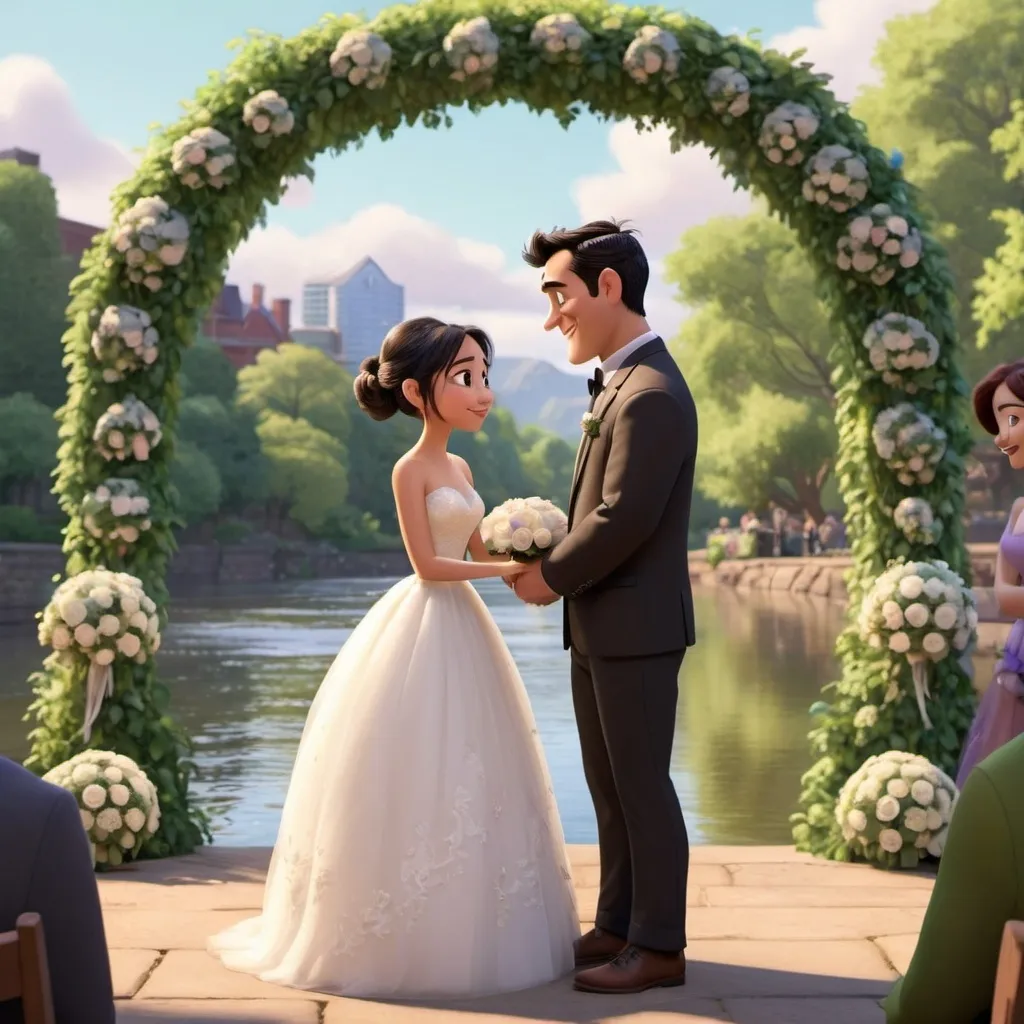 Prompt: A half Asian half white Pixar girl with black hair in a bun, getting married to a tall brown haired Pixar guy. They are in front of a wedding arch and there are trees and a river in the background 