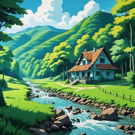 Prompt: Simple home in the Forest in the middle of nowhere blue Sky Green Fields mountan rivers happy atmosphérique realistique Picasso style full hd anime