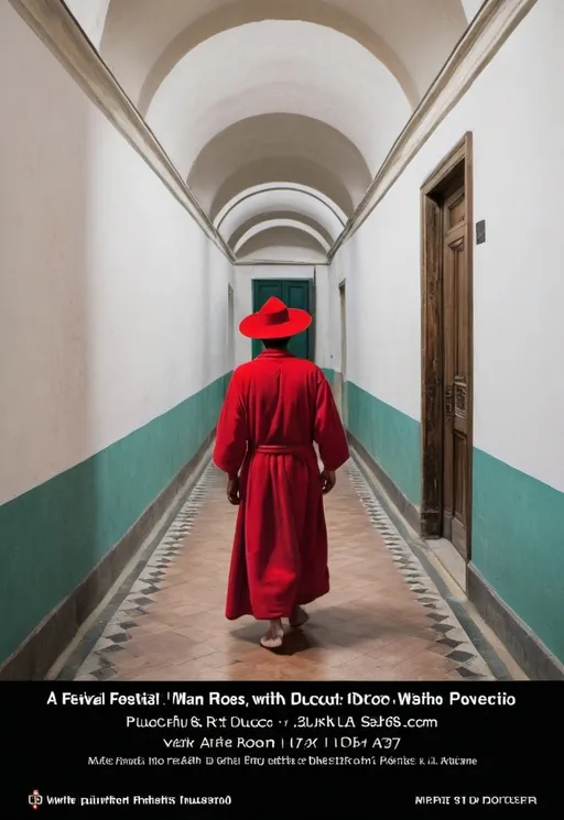 Prompt: a poster for a festival with a man in a red robe and a red hat walking down a hallway, Duccio, arte povera, poster, a poster