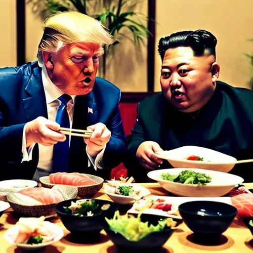 Prompt: 
Donald Trump and Kim Jung Un eating sushi together