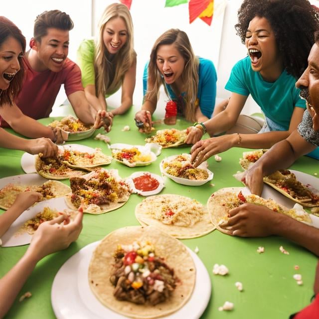 Prompt: Group of people playing Twister while eating tacos