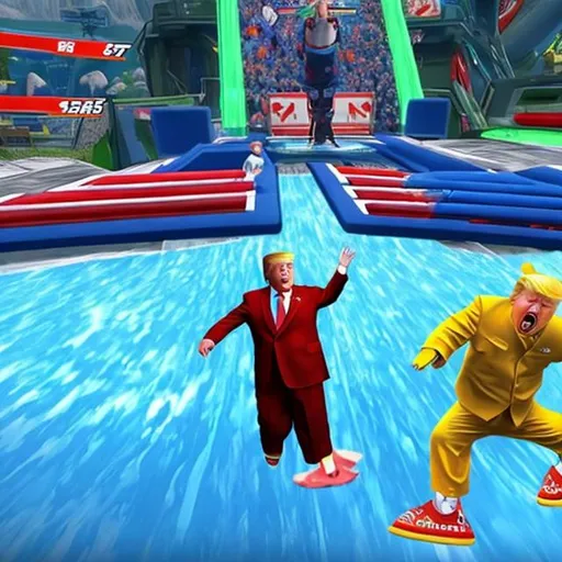 Prompt: Donald Trump vs. Kim Jung UN on Wipeout x
