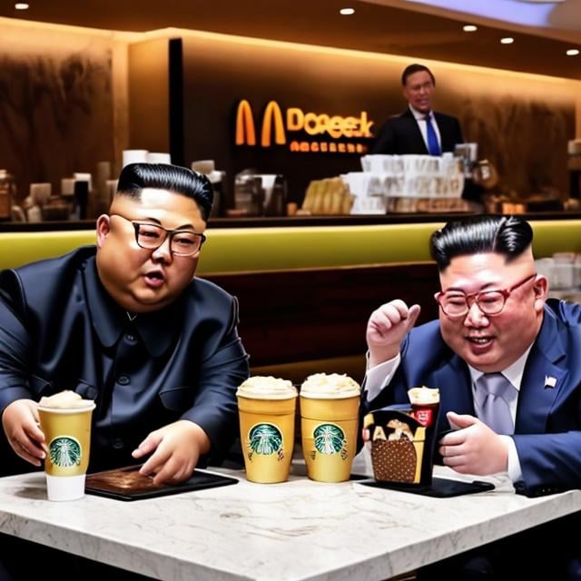 Prompt: Trump and Kim Jung Un having Starbucks and McDonalds together
