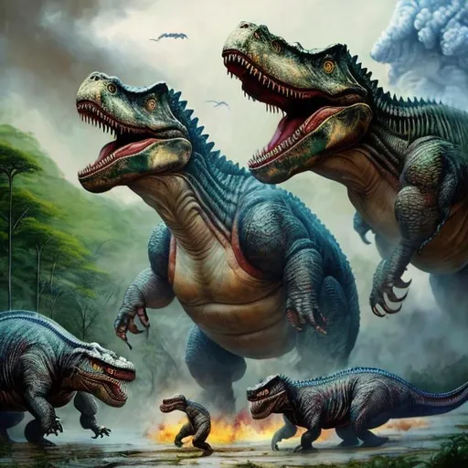 Prompt: Donald Trump vs Kim Jong Un in Jurassic Era, realistic oil painting, detailed portraits, intense battle, high quality, realistic, historical, epic showdown, vibrant colors, dramatic lighting, dynamic composition, presidential showdown, ancient jungle setting, tyrannosaurus rex, chaotic atmosphere, powerful expressions, historical reimagining, traditional art style