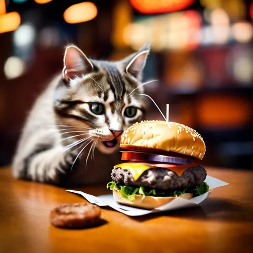 Prompt: Cat eating a burger, realistic photo, adorable feline faces,  detailed fur and whiskers, high quality, cute and playful, vibrant colors, restaurant setting, ambient lighting, realistic details,