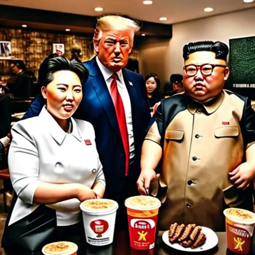 Prompt: Trump and Kim Jung Un having Starbucks and McDonalds together
