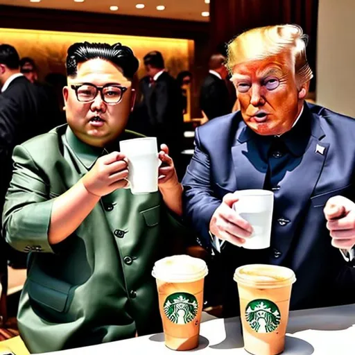 Prompt: 
Donald Trump and Kim Jung Un drinking Starbucks together 