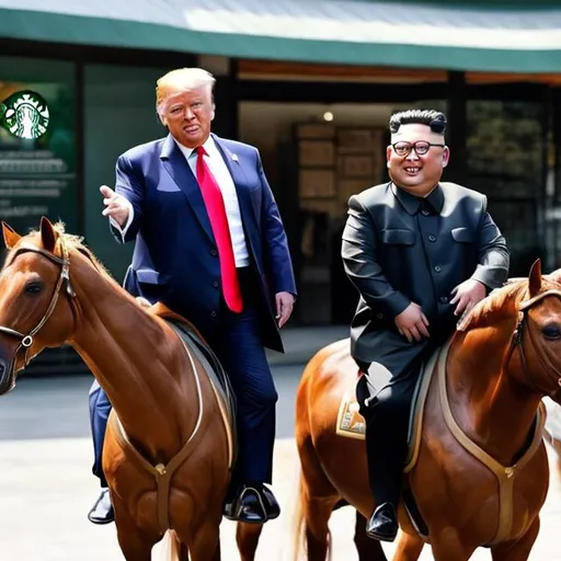 Prompt: 
Donald Trump and Kim Jung Un drinking Starbucks together on a horse