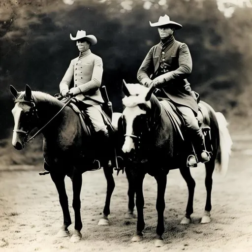 Prompt: Donald Trump and Thomas Jefferson riding horseback together during WWI