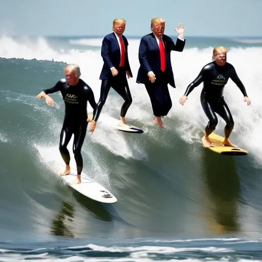 Prompt: Donald Trump, Abe Linclon, George Washington, Thomas Jefferson surfing together 