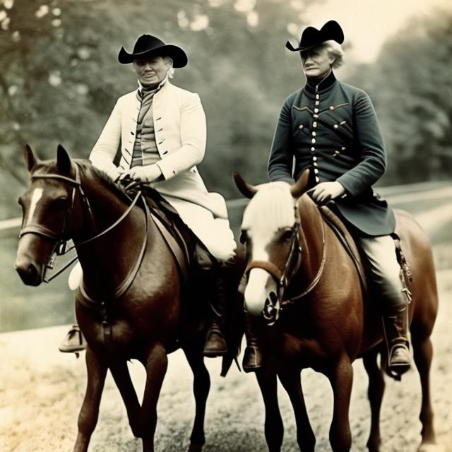 Prompt: Donald Trump and Thomas Jefferson riding horseback together during WWI