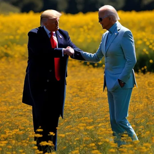 Prompt: Donald Trump and Joe Biden holding hands in a field of flowers 