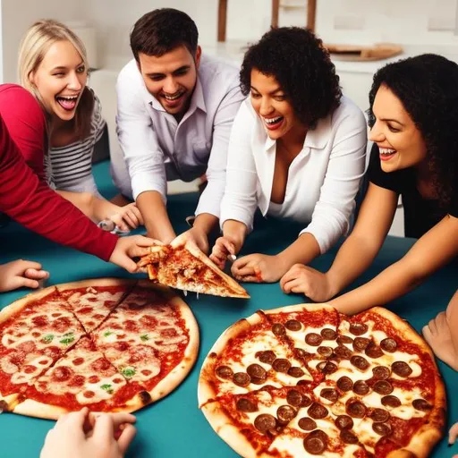 Prompt: Group of people playing Twister while eating pizza

