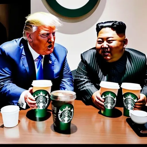 Prompt: 
Donald Trump and Kim Jung Un drinking Starbucks together 