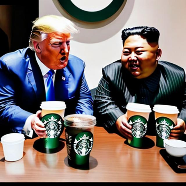 Prompt: 
Donald Trump and Kim Jung Un drinking Starbucks together 