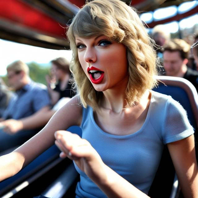 Prompt: Taylor swift on a roller coaster sewing 