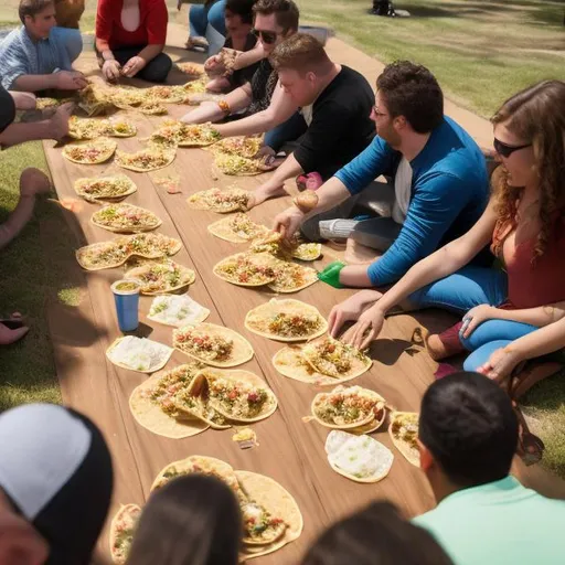 Prompt: 
Lots of people eating tacos while playing twister 