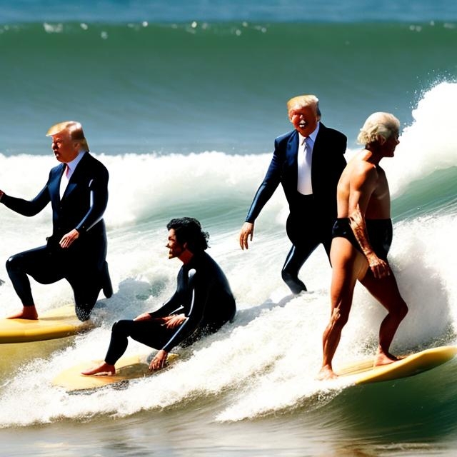 Prompt: Donald Trump, Abe Linclon, George Washington, Thomas Jefferson surfing together 