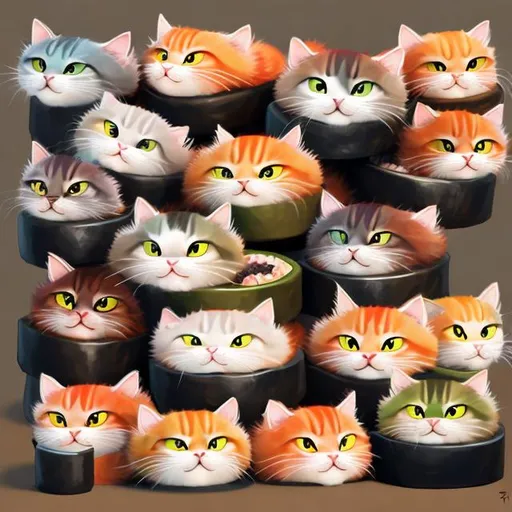 Prompt: Cat sushi rolls, realistic digital art, adorable feline faces on sushi rolls, detailed fur and whiskers, high quality, cute and playful, vibrant colors, sushi bar setting, ambient lighting, digital painting, realistic details
