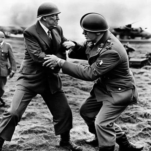 Prompt: Donald Trump fighting in WWII on battleground
