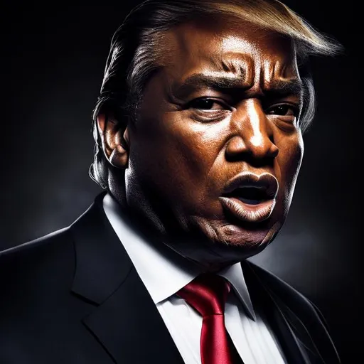 Prompt: Realistic photo of Black Donald Trump with intense expression, classic portrait style, warm tones, dramatic lighting, high detail, intense gaze, professional, head shot,