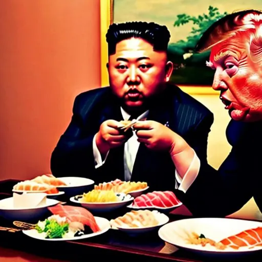Prompt: 
Donald Trump and Kim Jung Un eating sushi together