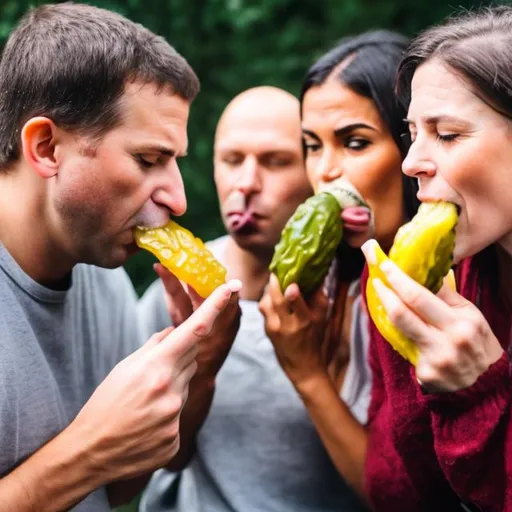 Prompt: Group of people picking their nose and eating pickles
