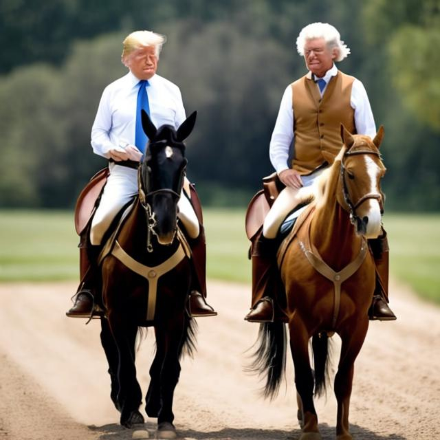 Prompt: Donald Trump and Thomas Jefferson riding horseback together 