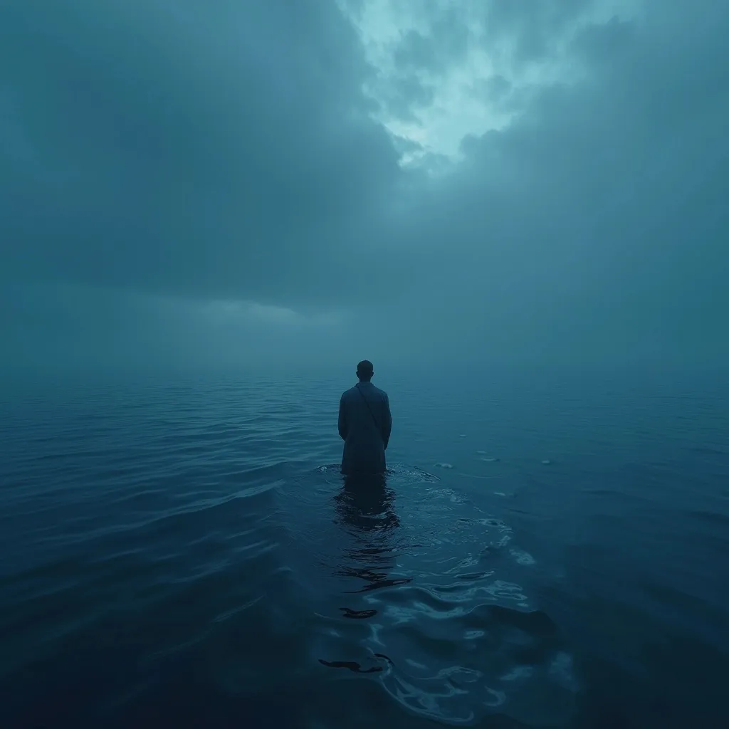 Prompt: Solo sailor in the deep sea, vast expanse of  sea in blue render, hope and despair is the mood, eerie and painful for the viewer
