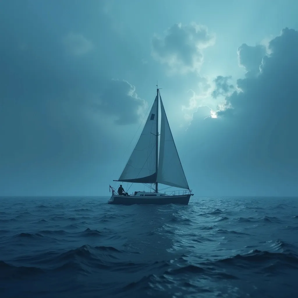 Prompt: Solo sailor in the deep sea, vast expanse of  sea in blue render, hope and despair is the mood
