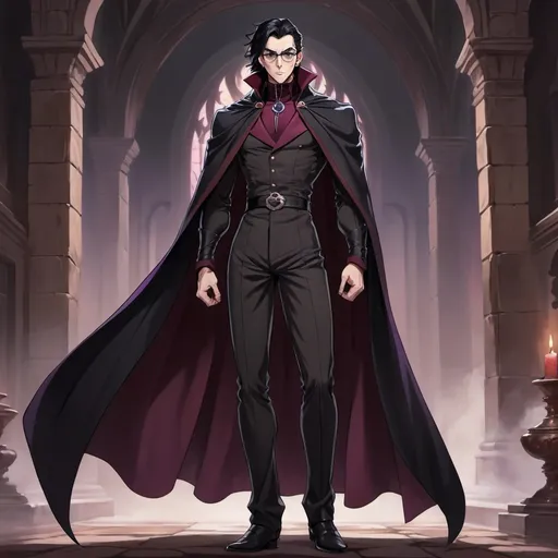 Prompt: Anime, guy, show the entire body from head down to feet, crazy wavy slicked back black hair, purple eye color, round eye glasses, cultured, dressed like in castlevania wearing black and burgundy, black pants, and a cape
