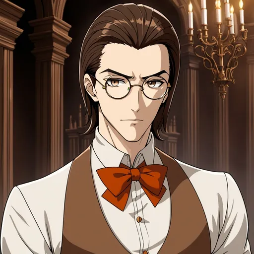 Prompt: Anime, guy, shprr slicked back brown hair, light brown eye color, round eye glasses, cultured, dressed like in castlevania with a bowtie
