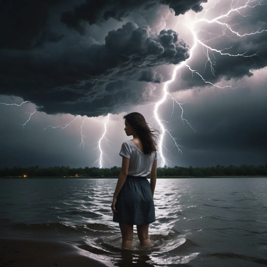 Prompt: A vivid, turbulent storm inside a person, where conflicting thoughts and emotions battle for control. The sky is dark with clouds representing her doubts and overthinking. Flashes of lightning symbolize intense moments of clarity or deep emotional responses, illuminating the chaotic scene briefly. The ground below is uneven, reflecting the instability in her sense of self, with deep pits signifying periods of burnout and isolation. Amidst the chaos, there are patches of calm, representing her deep introspective moments and high empathy for others. These calm patches are like serene lakes, offering brief respite from the storm, but also contributing to the complexity and depth of her inner landscape.