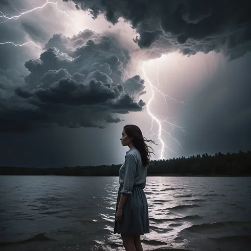 Prompt: A vivid, turbulent storm inside a person, where conflicting thoughts and emotions battle for control. The sky is dark with clouds representing her doubts and overthinking. Flashes of lightning symbolize intense moments of clarity or deep emotional responses, illuminating the chaotic scene briefly. The ground below is uneven, reflecting the instability in her sense of self, with deep pits signifying periods of burnout and isolation. Amidst the chaos, there are patches of calm, representing her deep introspective moments and high empathy for others. These calm patches are like serene lakes, offering brief respite from the storm, but also contributing to the complexity and depth of her inner landscape.