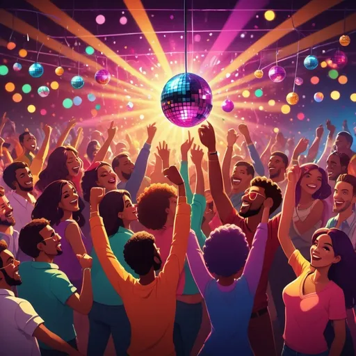 Prompt: (cartoon style image), (vibrant colors), lively club atmosphere, dynamic party scene, colorful disco lights reflecting, glittering disco balls hanging from the ceiling, animated crowd dancing excitedly, diverse characters enjoying the night, high-energy ambiance, detailed background with light effects, ultra-detailed, joyful vibe, fun and cheerful mood.