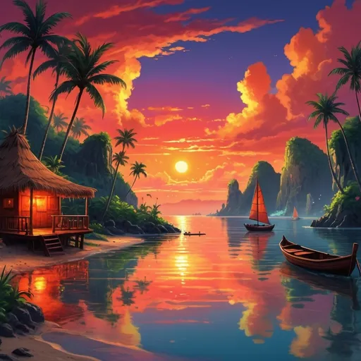 Prompt: (fantasy style scene), animated cove, (vibrant) red and orange sunset, (colorful) tikis dotting the shoreline, (serene) small waves lapping at the coast, silhouette of boats drifting off in the distance, lush greenery framing the cove, (highly detailed) reflections of sunset colors on water, (dreamlike ambiance) warm and inviting atmosphere, (ultra-detailed) HD quality, there needs to be people around walking 
i want clouds that say Keep It Calm
