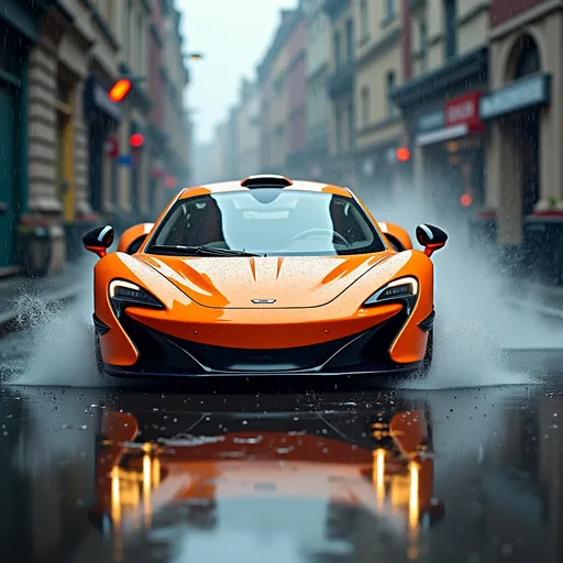 Prompt: Orange McLaren P1 racing in the rain