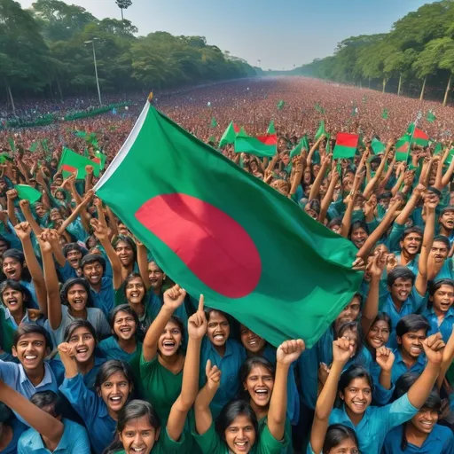 Prompt: A photo build for Bangladesh.  19000000 student uith Bangladesh flag in hand. Happy