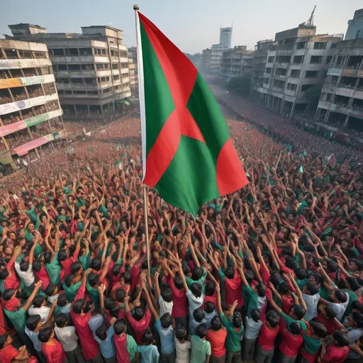 Prompt: A photo build for Bangladesh.  19000000 student uith Bangladesh flag in hand. Happy. Biild a tawar uith mane. Up last a mane stay uith a Bangladesh flag har hand.