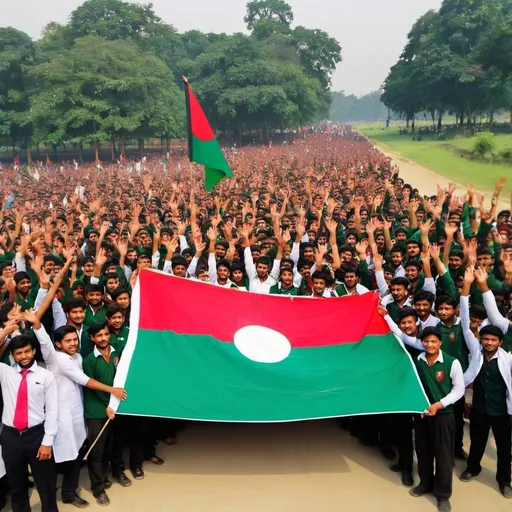 Prompt: A photo build for Bangladesh.  19000000 student uith Bangladesh flag in hand. Happy