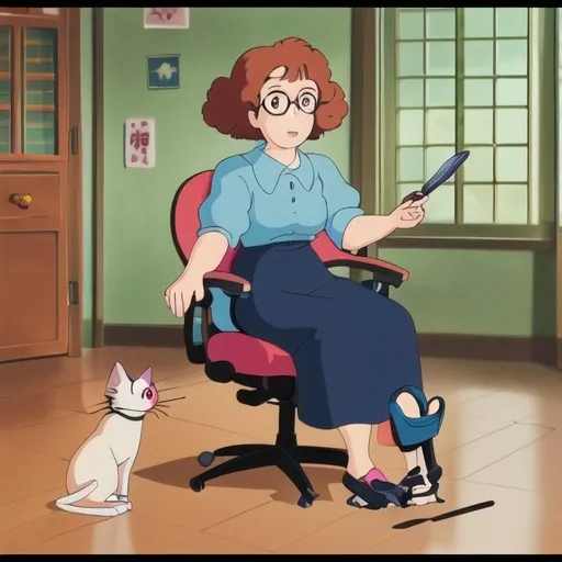 Prompt: a curly hair girl with spectacles sitting on chair playing with a cat