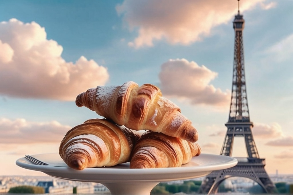 Prompt: (croissants) three croissants floating in the air, (Eiffel Tower) in the center, (clouds) floating in the air, (golden hour) warm lighting, pastel color scheme, soft hues, photorealism, high detail, medium shot, dreamy ambiance, aestheticism, charming atmosphere, light and fluffy, French essence, serene scene, enchanting background.