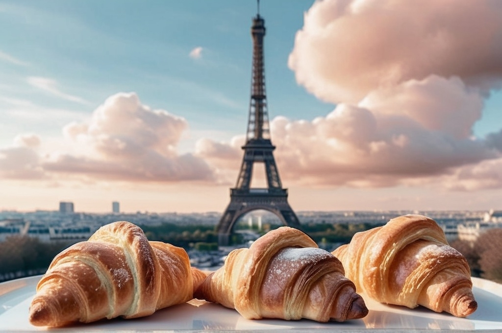 Prompt: (croissants) three croissants on the right, (Eiffel Tower) in the center, (clouds) floating in the air, (golden hour) warm lighting, pastel color scheme, soft hues, photorealism, high detail, medium shot, dreamy ambiance, aestheticism, charming atmosphere, light and fluffy, French essence, serene scene, enchanting background.