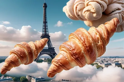 Prompt: a collage of three croissants flying in the air over clouds, against the background of the Eiffel Tower, Chris LaBrooy, aestheticism, pastel, a pastel, golden hour, high detail,  natural, medium plan, the effect of blooming lighting