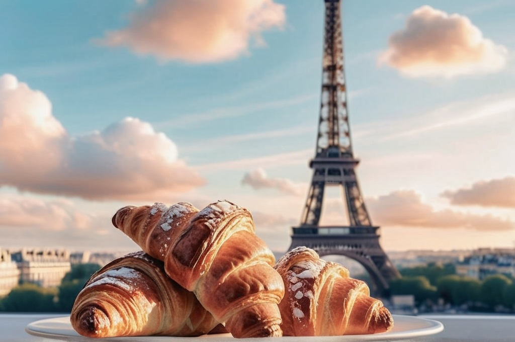 Prompt: (croissants) three croissants, (Eiffel Tower) in the center, (clouds) floating in the air, (golden hour) warm lighting, pastel color scheme, soft hues, photorealism, high detail, medium shot, dreamy ambiance, aestheticism, charming atmosphere, light and fluffy, French essence, serene scene, enchanting background.