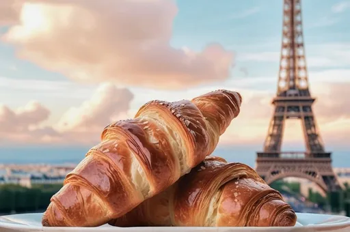 Prompt: (croissants) three croissants, (Eiffel Tower) in the center, (clouds) floating in the air, (golden hour) warm lighting, pastel color scheme, soft hues, photorealism, high detail, medium shot, dreamy ambiance, aestheticism, charming atmosphere, light and fluffy, French essence, serene scene, enchanting background.